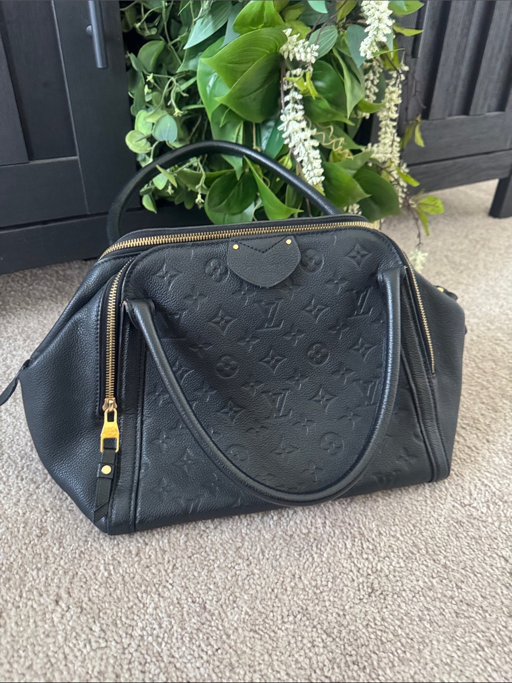 Louis Vuitton Black Monogram Leather Satchel with Gold Hardware